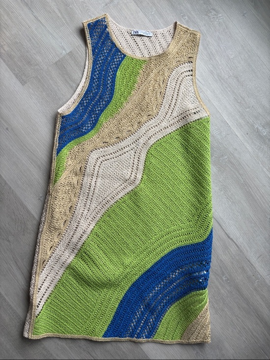 Zara Other - ZARA Wave-Stripe Crochet Tank Dress in Green, Blue & Cream